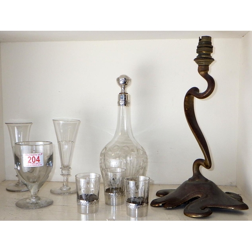 204 - An Art Nouveau brass lamp together with two 19thC cordial glasses and an etched decanter and three s... 