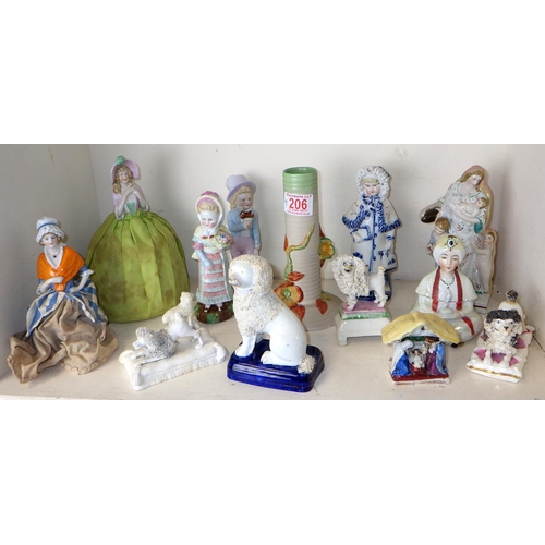 206 - A qty of misc ceramics figures, Clarice Cliffe candlestick etc