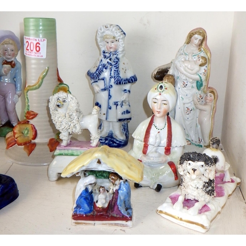 206 - A qty of misc ceramics figures, Clarice Cliffe candlestick etc