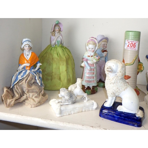 206 - A qty of misc ceramics figures, Clarice Cliffe candlestick etc