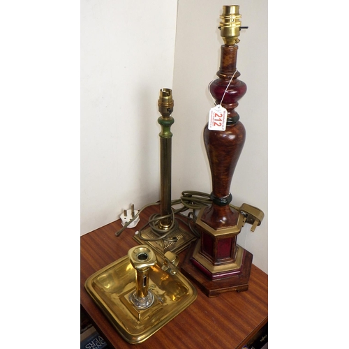 212 - A 19thC push up chamber candle holder together with two modern table lamps (3)