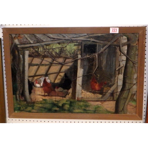 223 - An oil painting of chickens, signed Mary Parker to the back 66 x 45cm AF