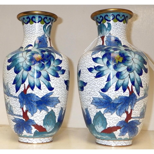 269 - A pair of cloisonne vases 20cm tall, af 1 ding