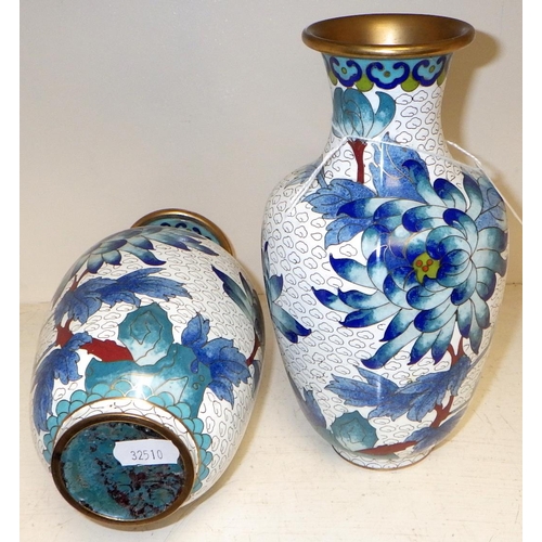 269 - A pair of cloisonne vases 20cm tall, af 1 ding