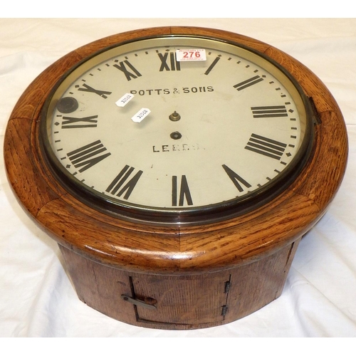 276 - A 19thC Potts & Sons fusee wall clock 40cm diameter inc oak frame, ex Leeds Central Library