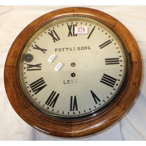 276 - A 19thC Potts & Sons fusee wall clock 40cm diameter inc oak frame, ex Leeds Central Library