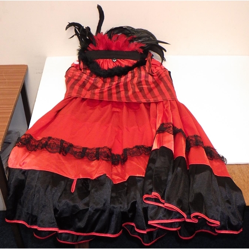 287 - A qty of costumes and clothes including six red 'dance troupe' outfits with black head-dresses (in v... 