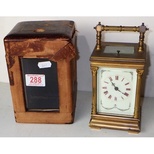 288 - A late Victorian brass cased repeating carriage clock and case, Presented to Miss Thomson 1905