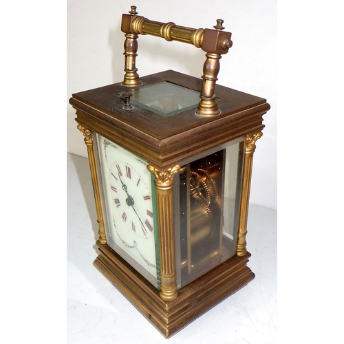 288 - A late Victorian brass cased repeating carriage clock and case, Presented to Miss Thomson 1905