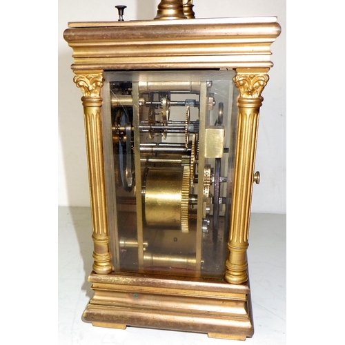 288 - A late Victorian brass cased repeating carriage clock and case, Presented to Miss Thomson 1905