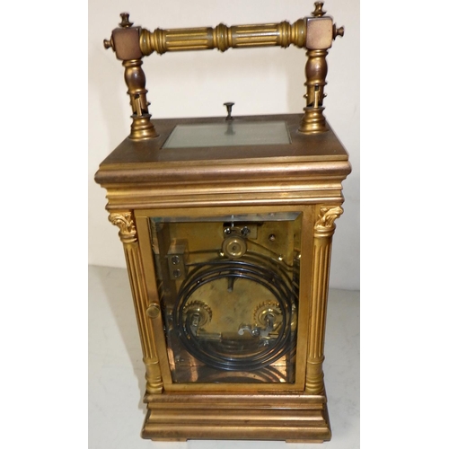 288 - A late Victorian brass cased repeating carriage clock and case, Presented to Miss Thomson 1905