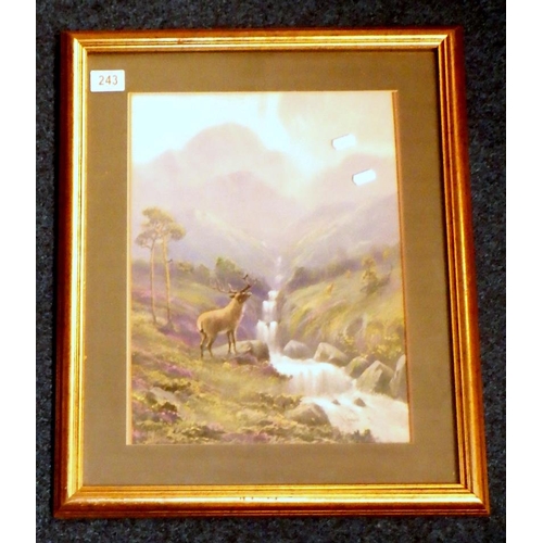 243 - A Cooper: stag highland scene watercolour