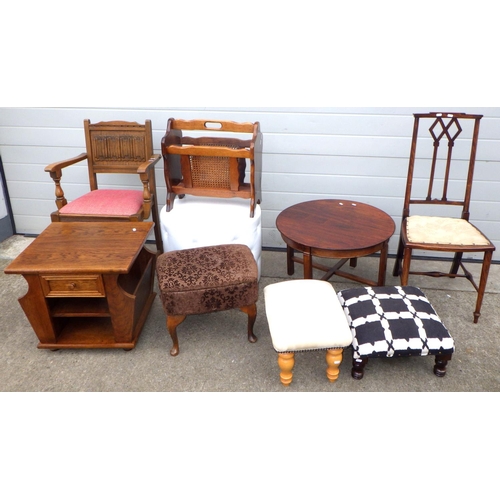 605 - Two chairs, magazine rack, four stools etc (9)