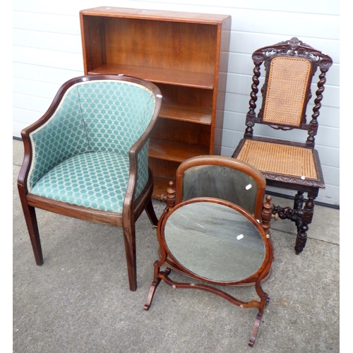 614 - A tub chair, two toilet mirrors, low bookcase & side chair (5)