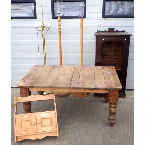 616 - A pine table, three lamp standards, cabinet, hanging cabinet, corner cabinet and reproduction Canter... 