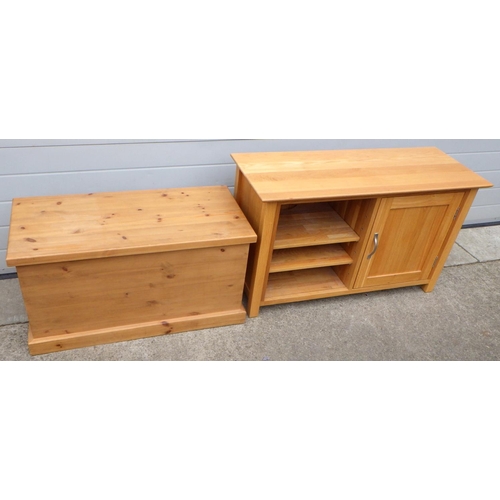 649 - A modern t.v stand, 110cm wide together with a modern pine blanket box (2)