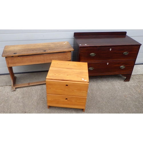658 - A school desk together with a two drawer chest and a modern pine bedside chest (3)