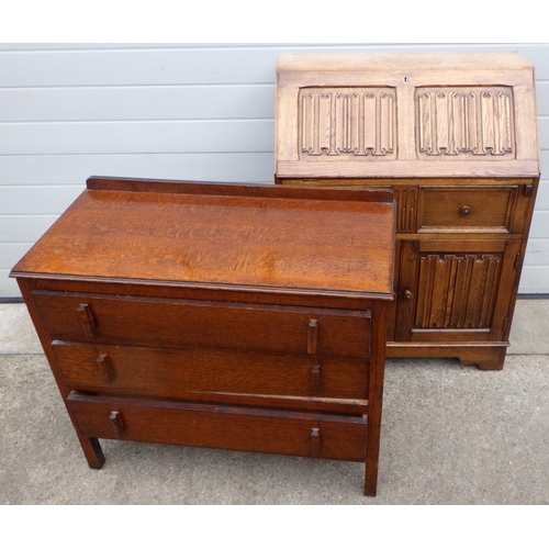 663 - A linenfold oak bureau, rest a/f together with an oak/ply three drawer chest (2)