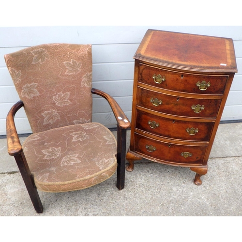 675 - A small bowfronted walnut chest of drawers, 46cm wide together with a small 1930's open armchair (2)