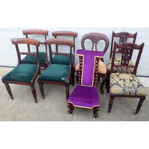 699 - A set of four 19th cen mahogany dining chairs, pre dieu chair, three further chairs (8)