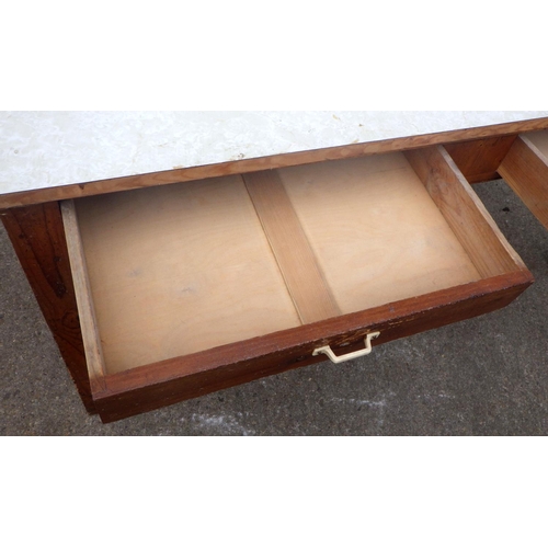 736 - A pitch pine two drawer kitchen table with formica top, 168cm long