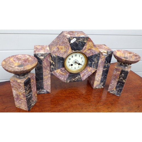 795 - A 1930's marble mantel clock set, missing glass with pair of matching tazza's (3)