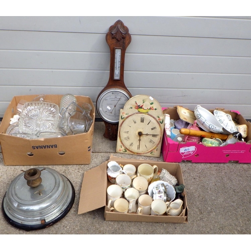 798 - A qty misc items, clockwork musical stand, for a Christmas Tree ?, barometer, ceramics, clock face e... 