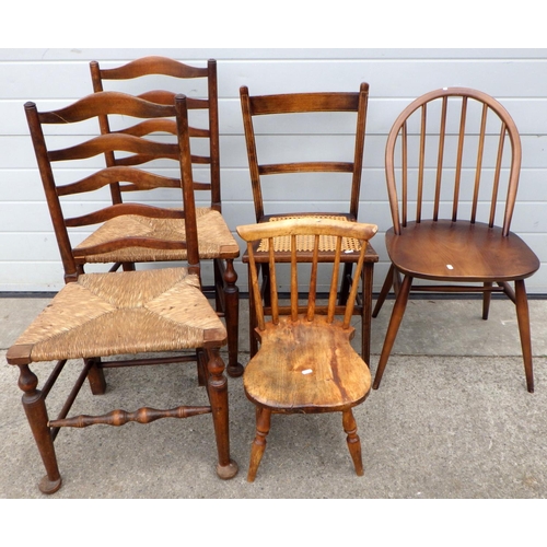807 - An Ercol dining chair, child's chair, bedroom chair and pair of ladderback rush seated chairs, one a... 