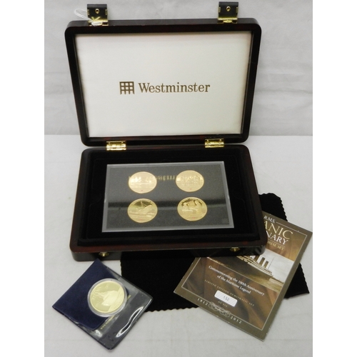 304 - A Westminster Mint RMS Titanic centenary four coin memorial set, Cook Islands, cased; a single simil... 