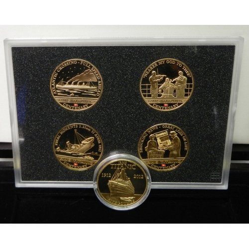 304 - A Westminster Mint RMS Titanic centenary four coin memorial set, Cook Islands, cased; a single simil... 