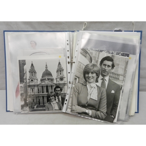 308 - An album or royal memorabilia incl 1980s Press Association photo prints, Charles & Diana etc.