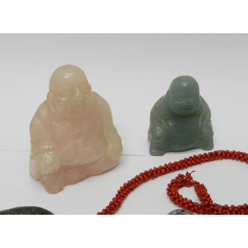 323 - A collectors' lot: two carved hardstone Buddhas, the larger 50mm tall; an Ancient Egyptian scarab; a... 