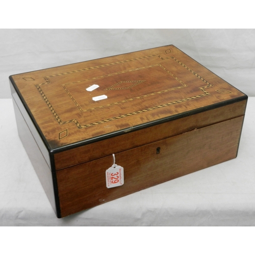 329 - A mahogany fitted jewellery box with contents including a lorgnette, brass with enamel decoration, e... 