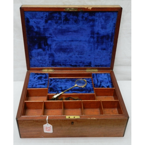 329 - A mahogany fitted jewellery box with contents including a lorgnette, brass with enamel decoration, e... 