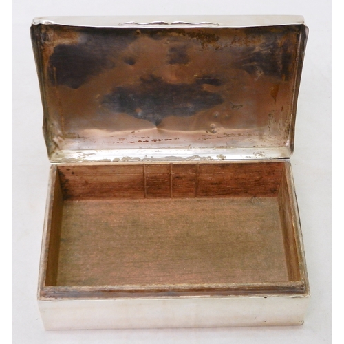 334 - A silver and hardwood cigarette box, a/f dented and missing lid liner.