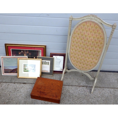 822 - A painted firescreen, oak cased part canteen, five pictures & prints