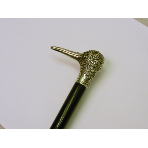 299 - An Edwardian ebony walking cane, the imported silver modelled as a bird's head.  A/F end cut, curren... 