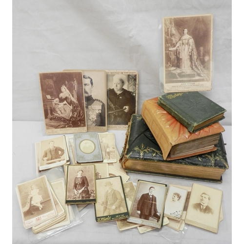 344 - Victorian photographs: two CdV card albums, loose CdV card portrait photographs incl Queen Victoria ... 