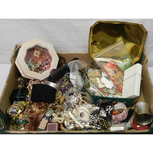 354 - A qty of costume jewellery incl white metal; various badges etc.