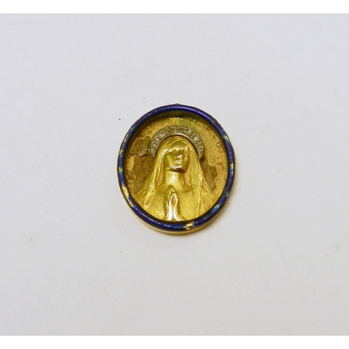 A Cartier Paris pendant depicting the Madonna in prayer, unmarked yellow metal with applied white metal set diamond halo.  A/F lacking stone / enamel background; applied halo loose / detached; suspension loop lacking; enamel border damaged. 16 x 13mm.