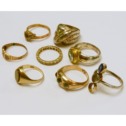 46 - Three 9ct gold stone set rings, 5.5g gross; five other rings.  Most a/f.  (8)