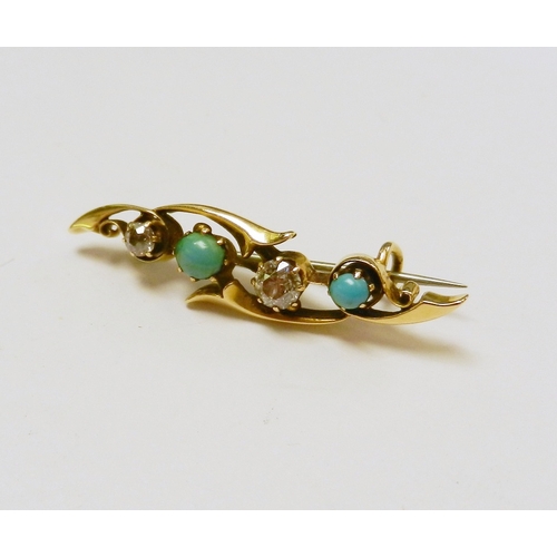 48 - A bar brooch, yellow metal marked 15, set with two turquoise cabochons and two old cut diamonds.  39... 