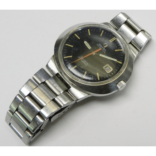 An Omega Automatic Geneve Dynamic steel bracelet watch reference 166.039.  Black dial with white and red  hands, date aperture at 3 o'clock.  42mm across case.  WAS 60