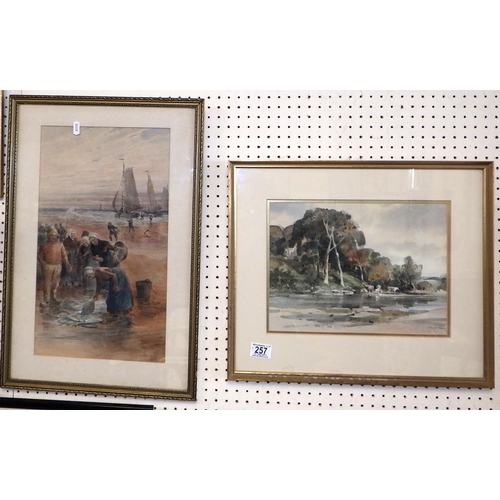 257 - A coastal watercolour together with a castle on Chilon Lake, a John Barrie Haste watercolour and an ... 