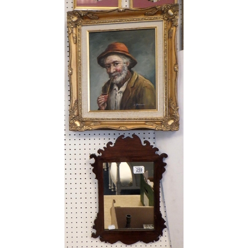 259 - A gilt frame portrait of a gentleman together with four silhouettes and a mahogany fret work mirror ... 