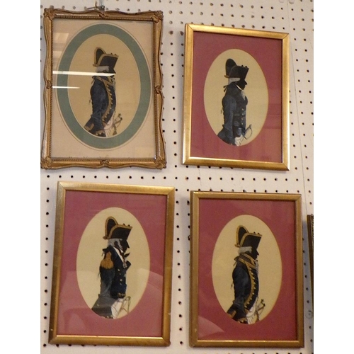 259 - A gilt frame portrait of a gentleman together with four silhouettes and a mahogany fret work mirror ... 