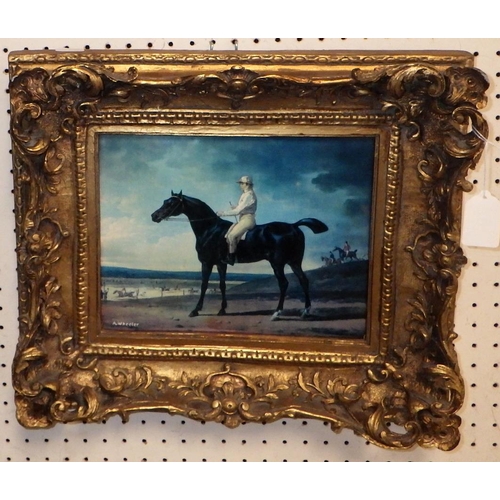 262 - A gilt framed painted panel of a horse and rider