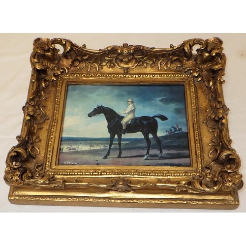 262 - A gilt framed painted panel of a horse and rider