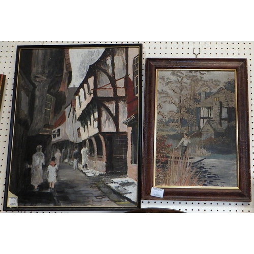 278 - A York interest oil together with a further oil painting and two watercolours (4)