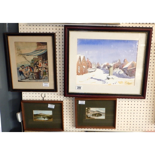 280 - A Steve Richards winter scene watercolour etc (4)